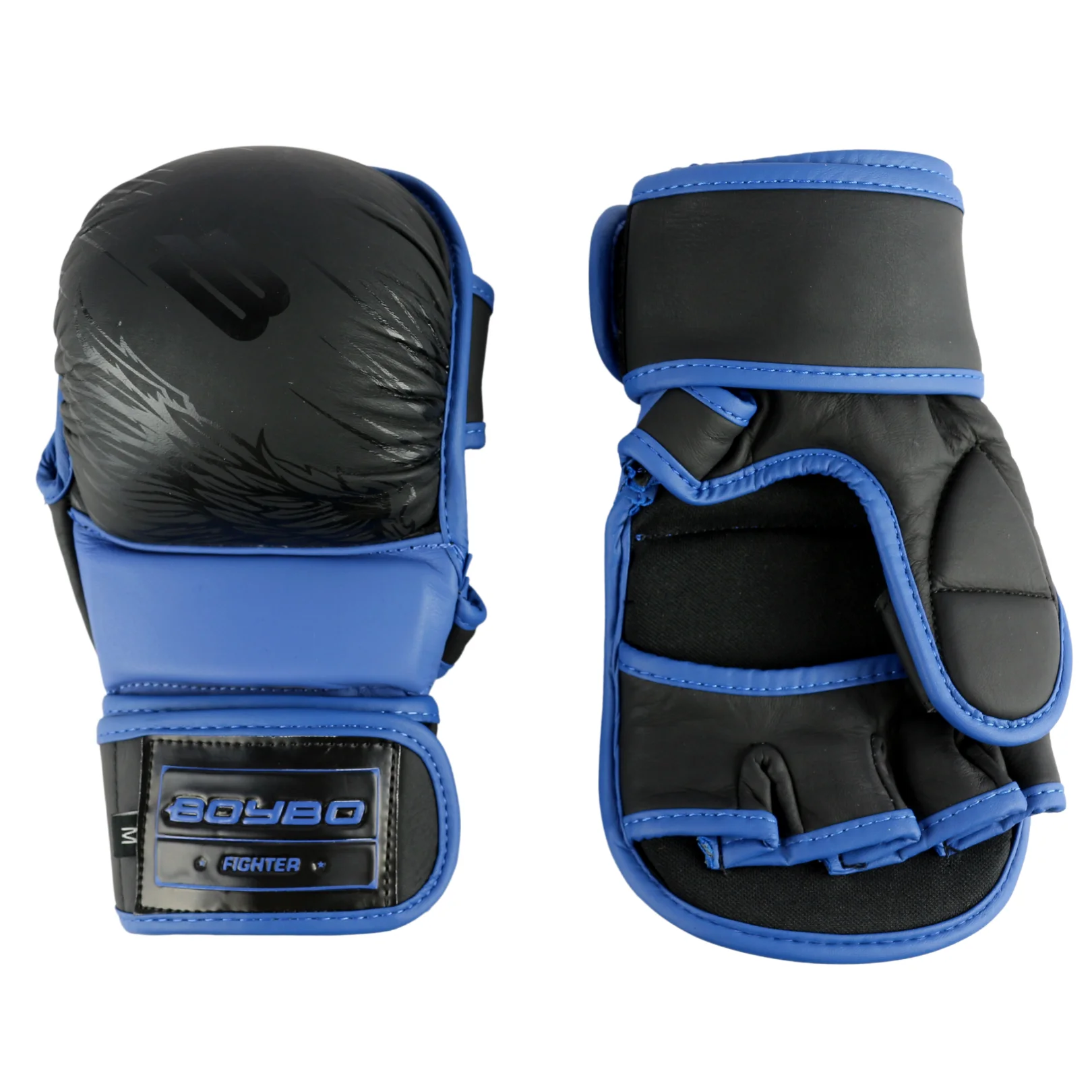 Реальное фото Перчатки ММА BoyBo Wings кожа черно-синие 1435 от магазина Спортев
