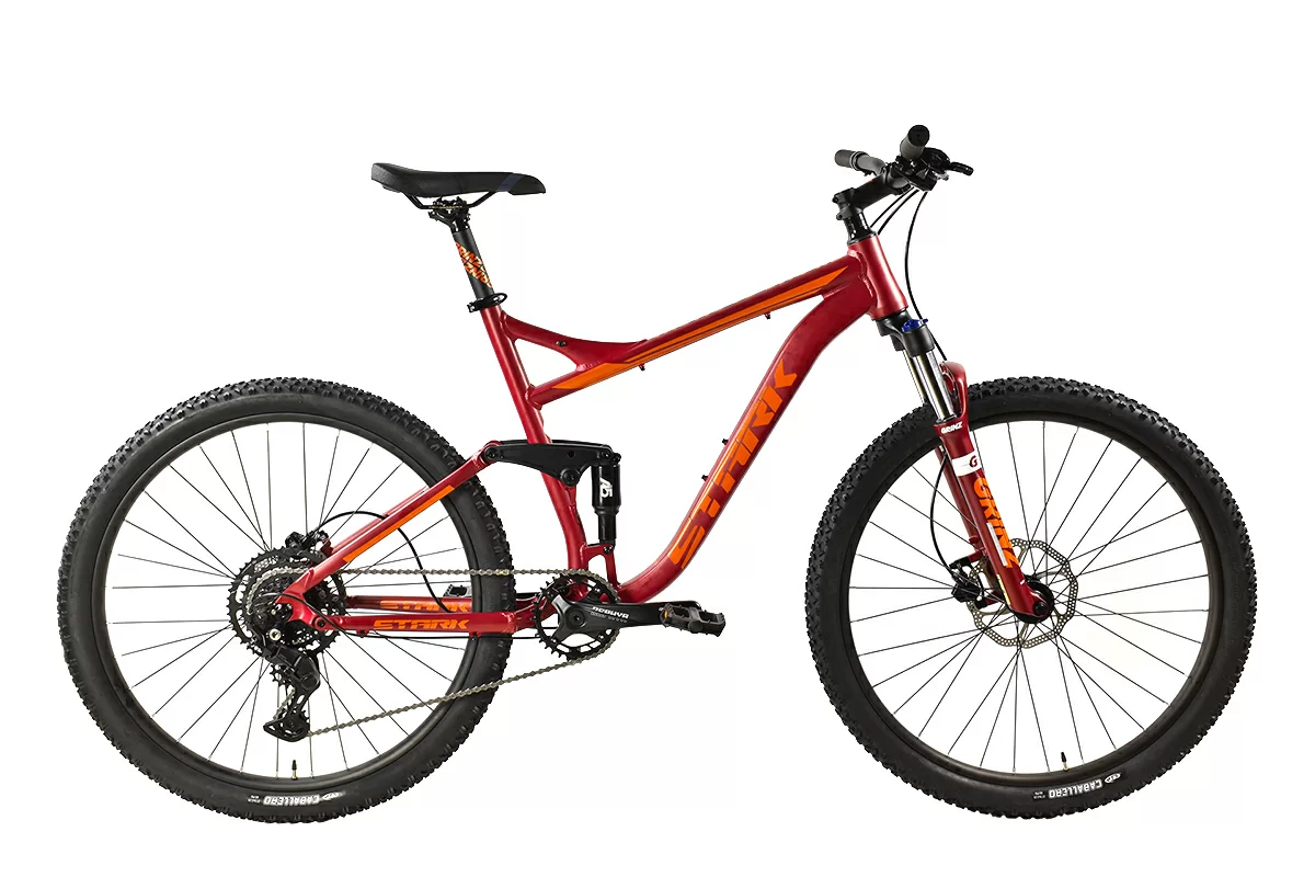 Реальное фото Велосипед Stark Tactic FS 27.4 HD (2024) красный матовый/оранжевый от магазина Спортев